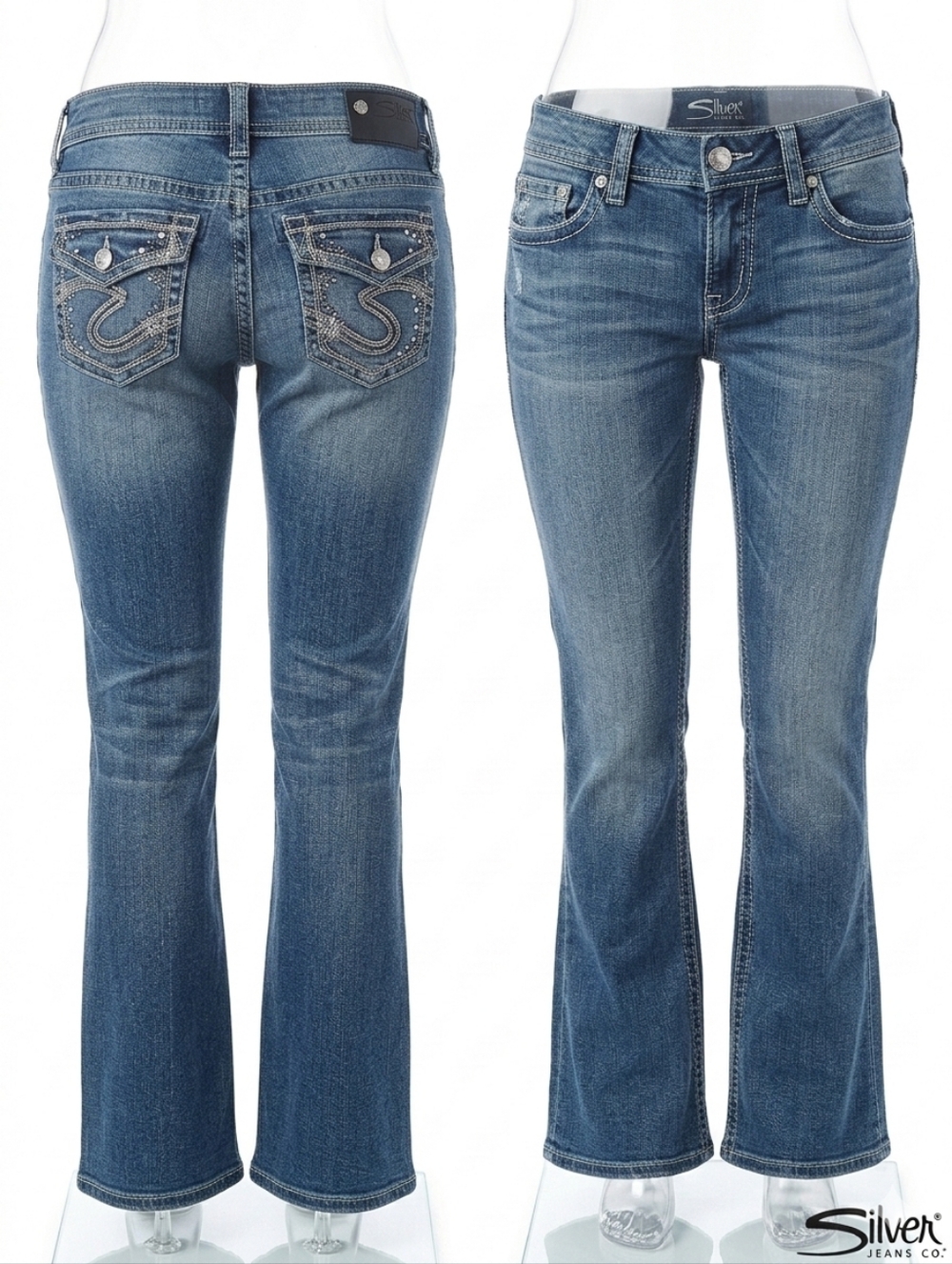 Silver Jeans Embellished Suki Mid Boot Western Glove Works Denim Blue Jeans